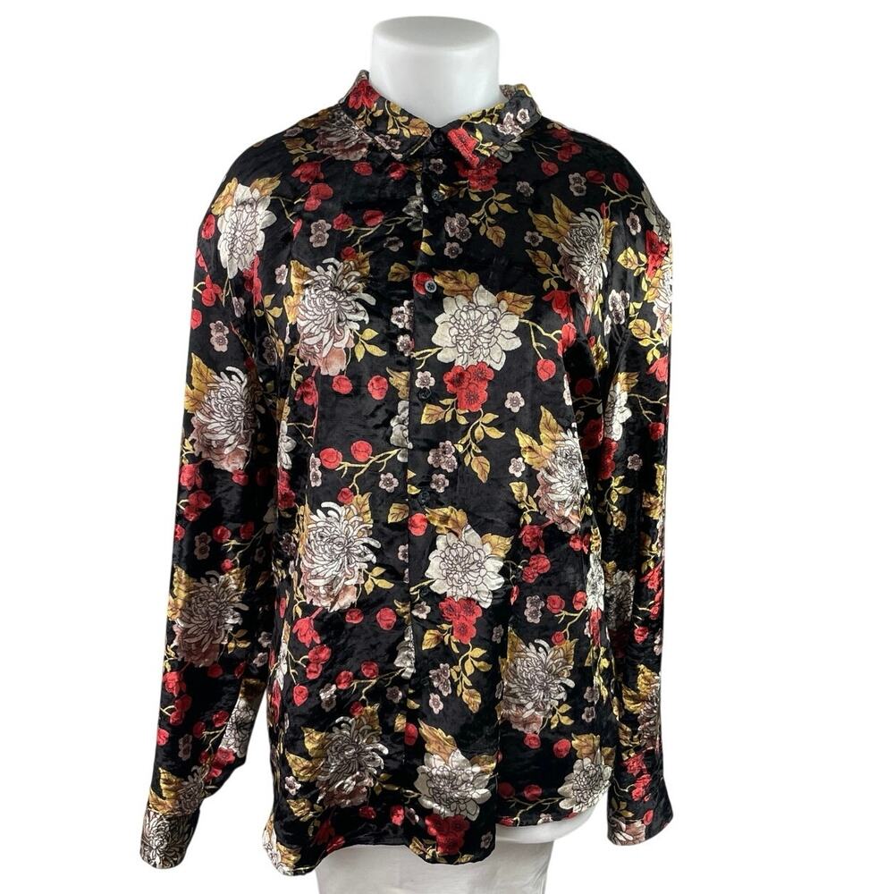 ASOS Women's Multicolor Velvet Velour Floral Long Sleeve Button Up Shirt Top 4X
